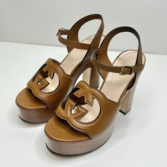 Gucci Cutout Interlocking G 37.5/ US 7.5 Platform Sandal Dark Brown Leather NIB - Picture 8 of 15